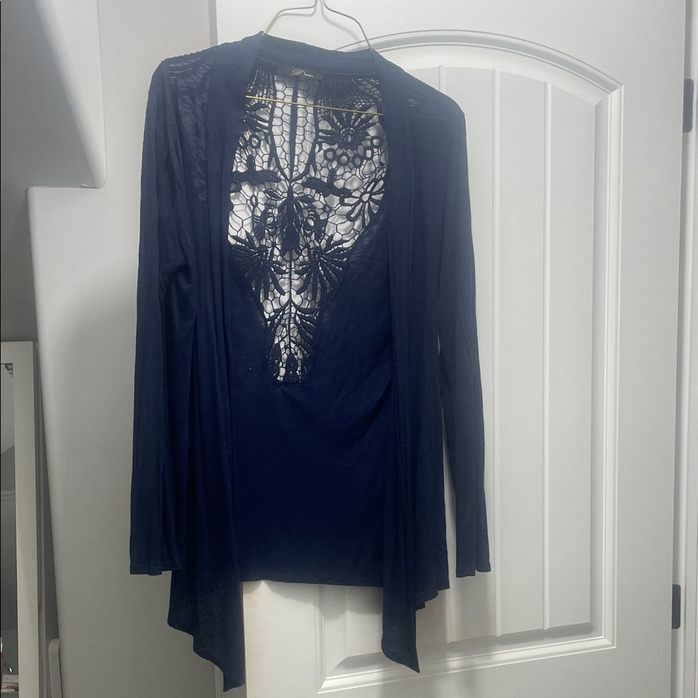 3/$15 🎉 Cardigan  Navy Blue Women's small lace at the back asymmetrical